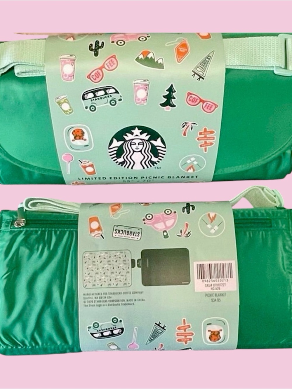 1 Starbucks Mint Green Picnic Blanket with Sticker Motif. Free Ship!